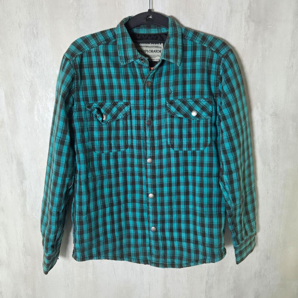 Volcom Shirt Kids XL Blue Plaid Flannel Lined Snap Button-Up Burly Youth Winter